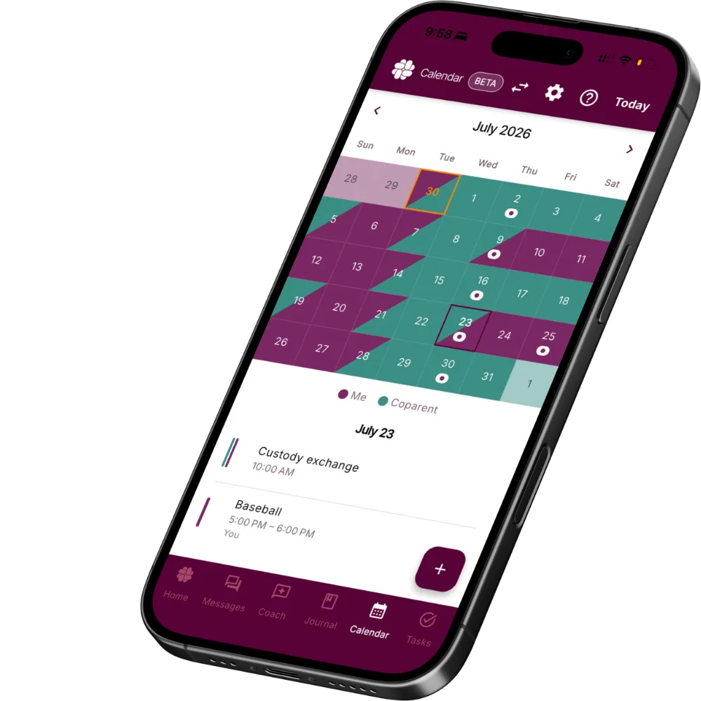 BestInterest shared calendar screen showing custody schedule coordination