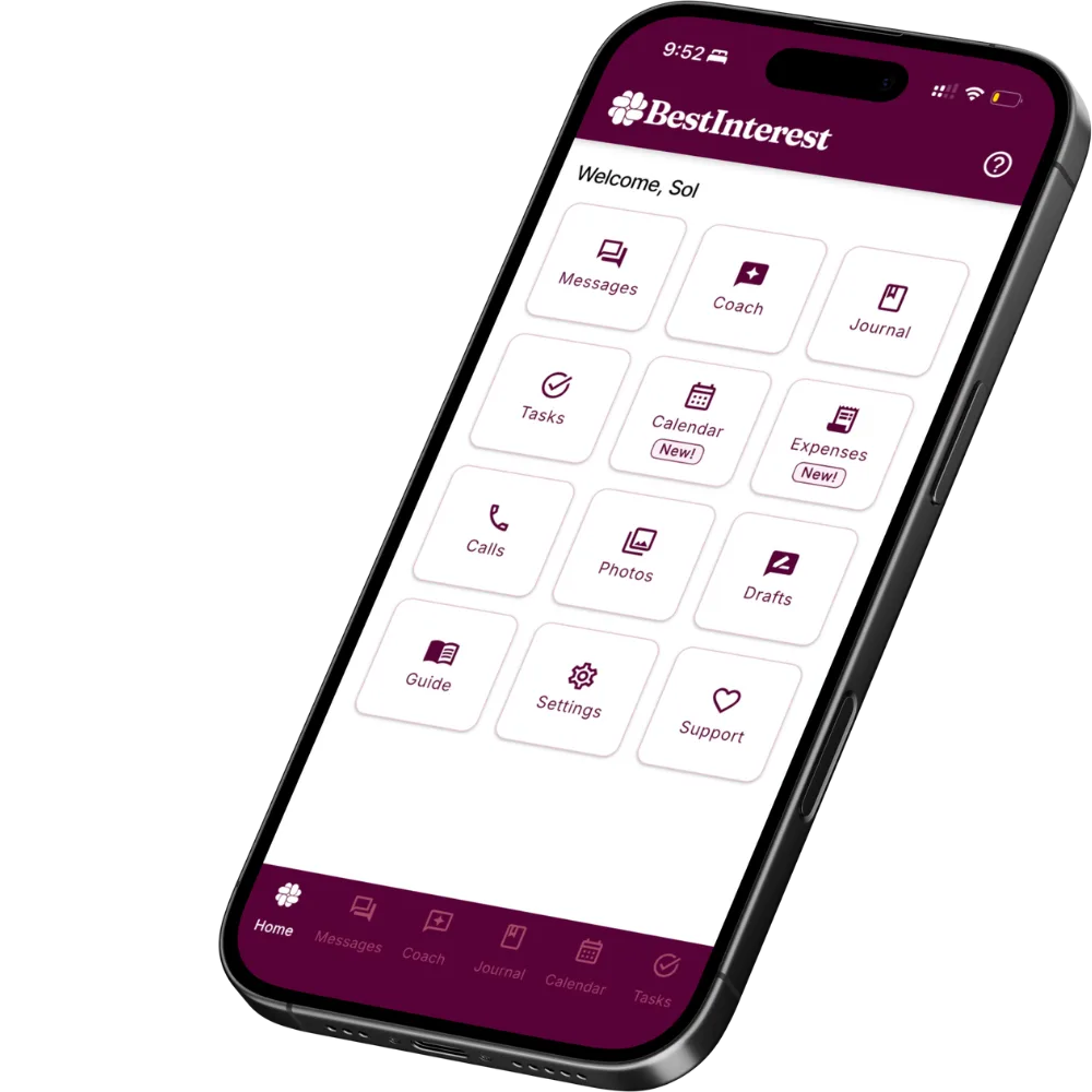 BestInterest app home screen showing messages, coach, journal, calendar, expenses, calls, and support